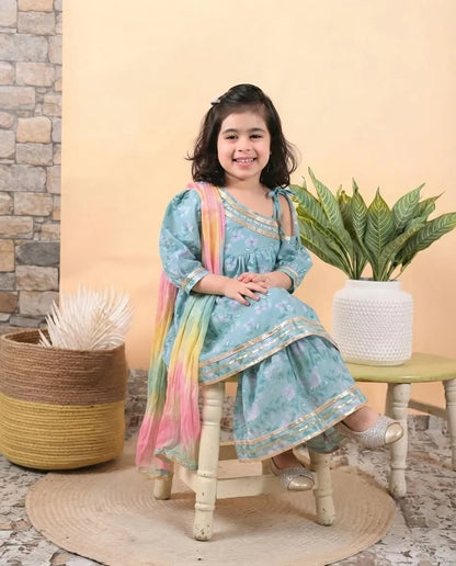 Girls Cotton One Side Sleeveless Kurti Sharara Set with Tie-Dye Contrast Dupatta