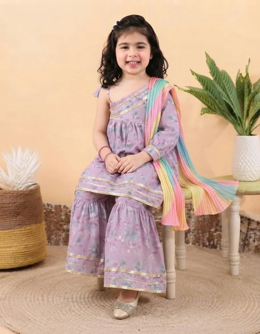 Girls Cotton One Side Sleeveless Kurti Sharara Set with Tie-Dye Contrast Dupatta