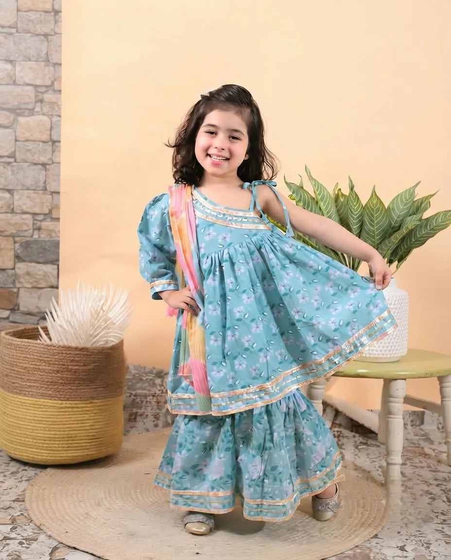 Girls Cotton One Side Sleeveless Kurti Sharara Set with Tie-Dye Contrast Dupatta