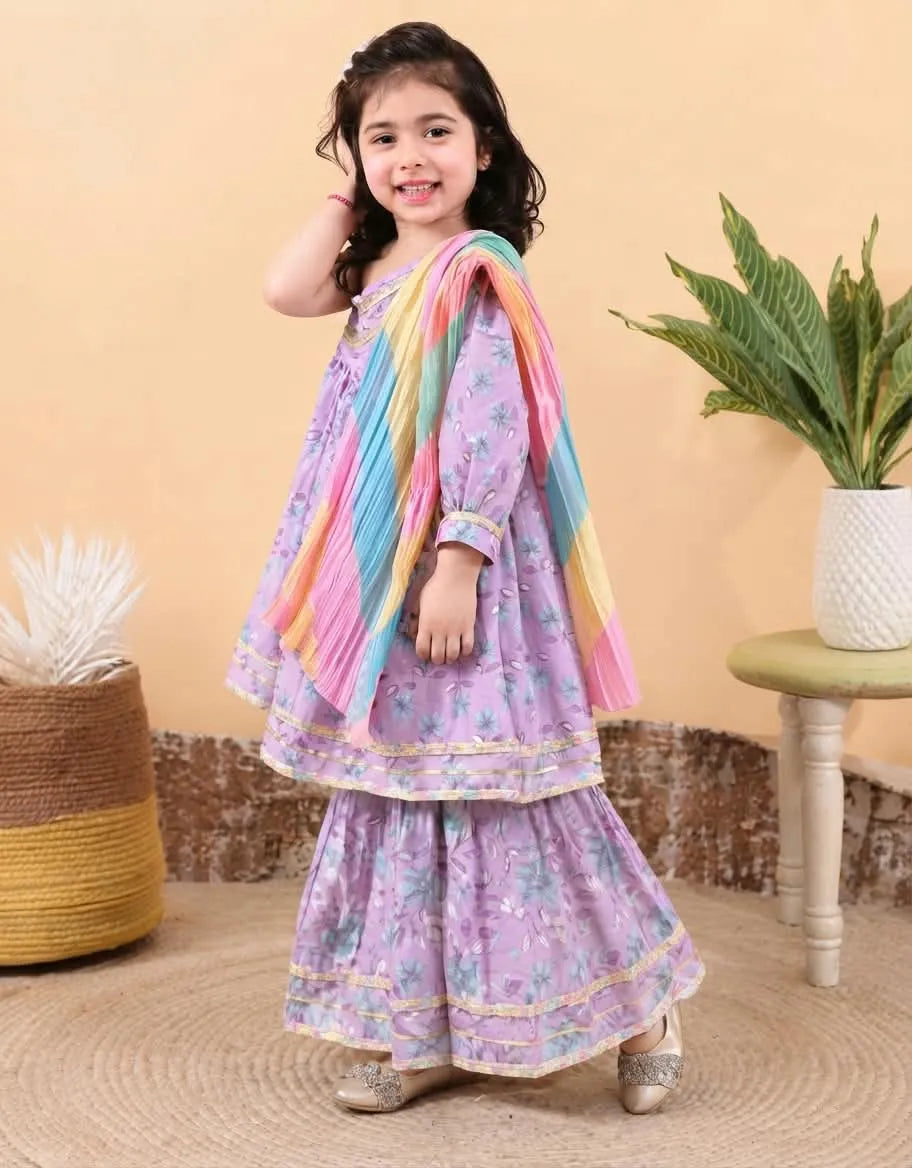 Girls Cotton One Side Sleeveless Kurti Sharara Set with Tie-Dye Contrast Dupatta