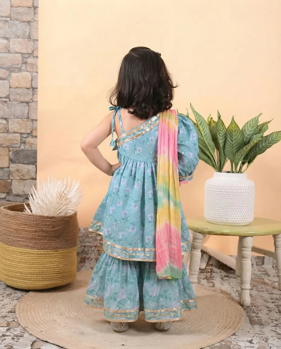 Girls Cotton One Side Sleeveless Kurti Sharara Set with Tie-Dye Contrast Dupatta