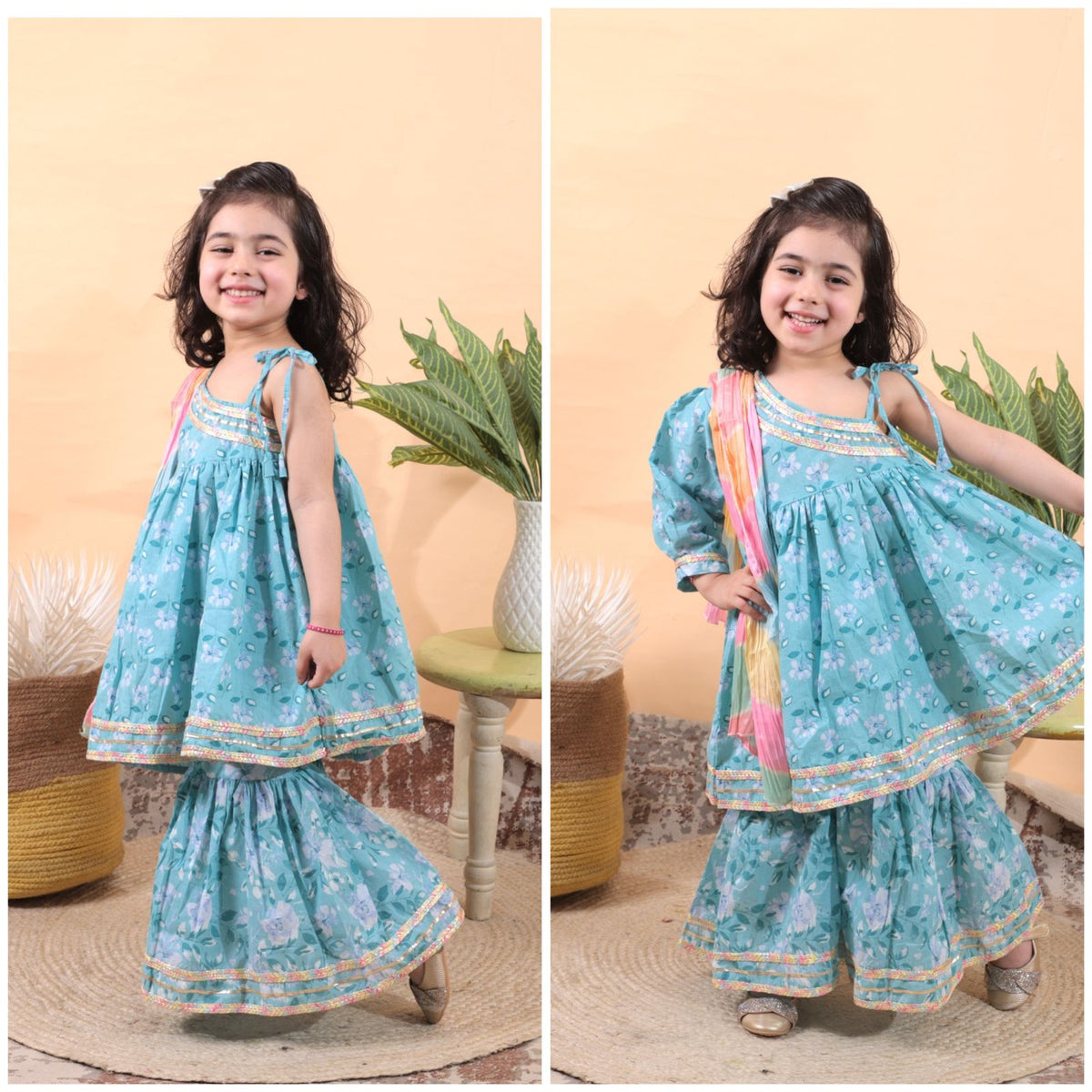 A girl wearing a blue sleeveless kurti sharara set with tie-dye dupatta, posing in two different angles against a backdrop with plants.