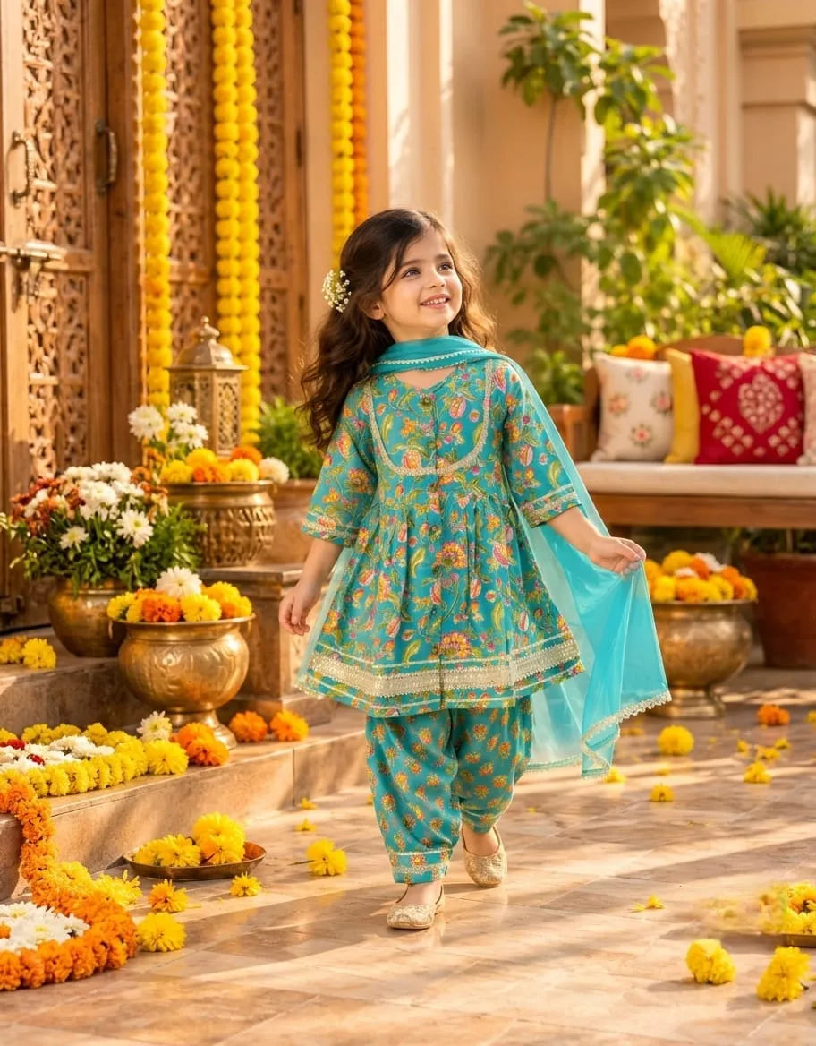 Girls Flared Kurti with Farsi Salwar and Dupatta Set