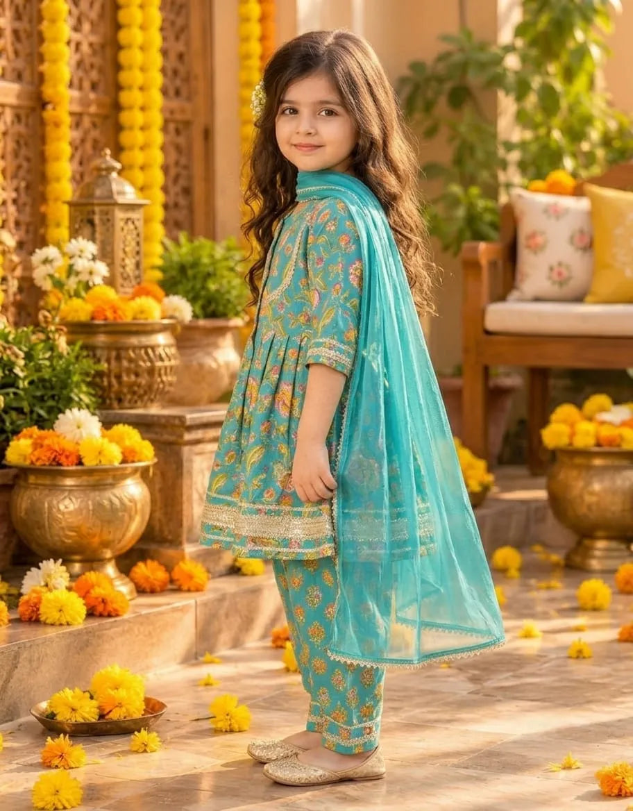 Girls Flared Kurti with Farsi Salwar and Dupatta Set