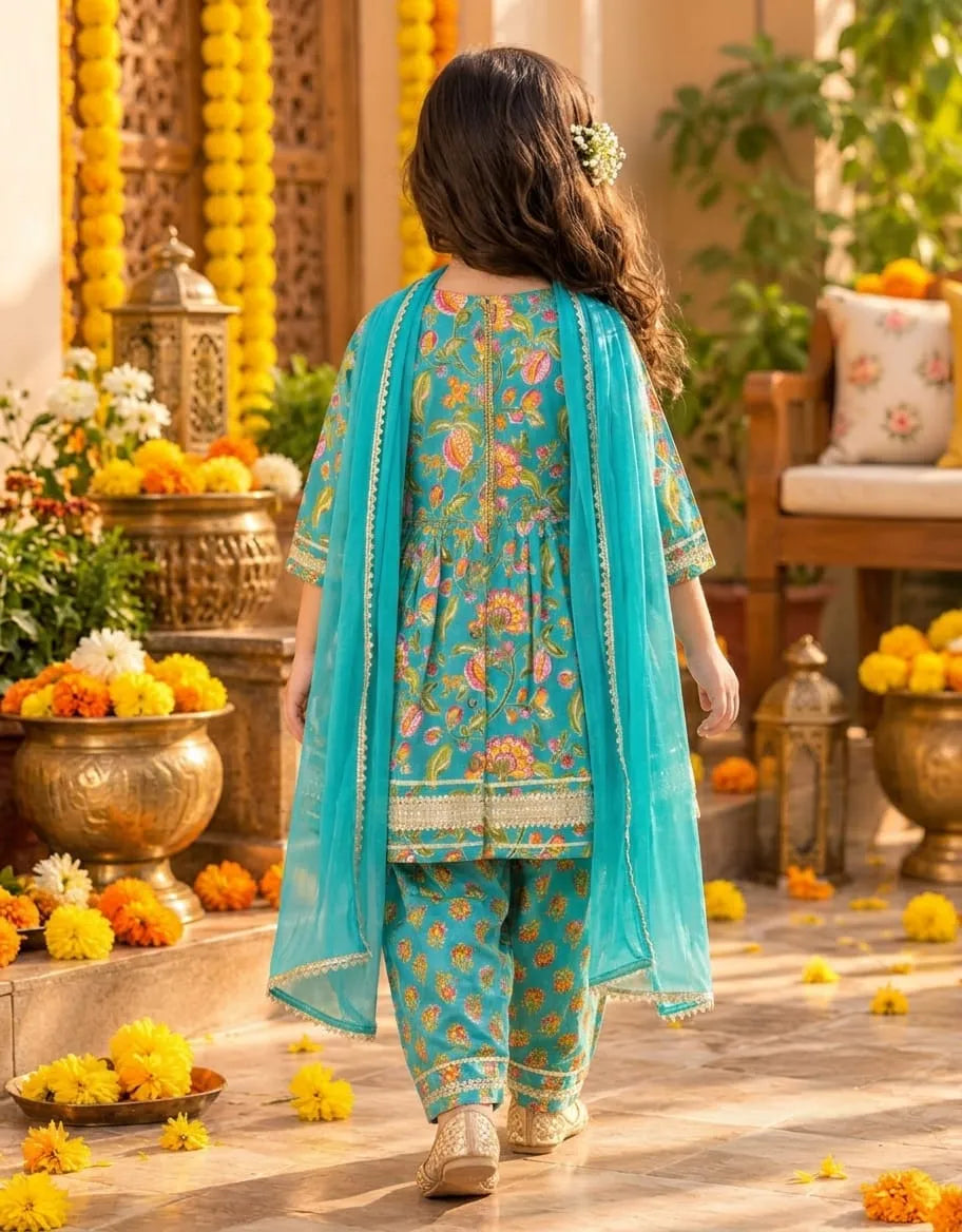 Girls Flared Kurti with Farsi Salwar and Dupatta Set