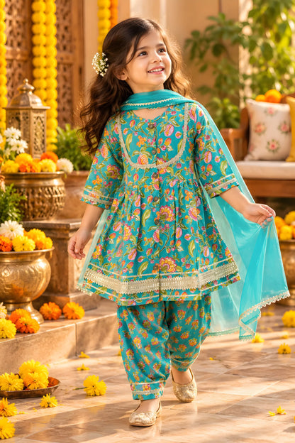 Girls Flared Kurti with Farsi Salwar and Dupatta Set