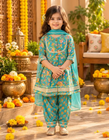 Girls Flared Kurti with Farsi Salwar and Dupatta Set