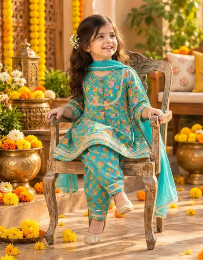 Girls Flared Kurti with Farsi Salwar and Dupatta Set