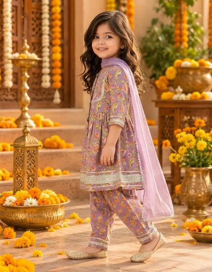 Girls Flared Kurti with Farsi Salwar and Dupatta Set