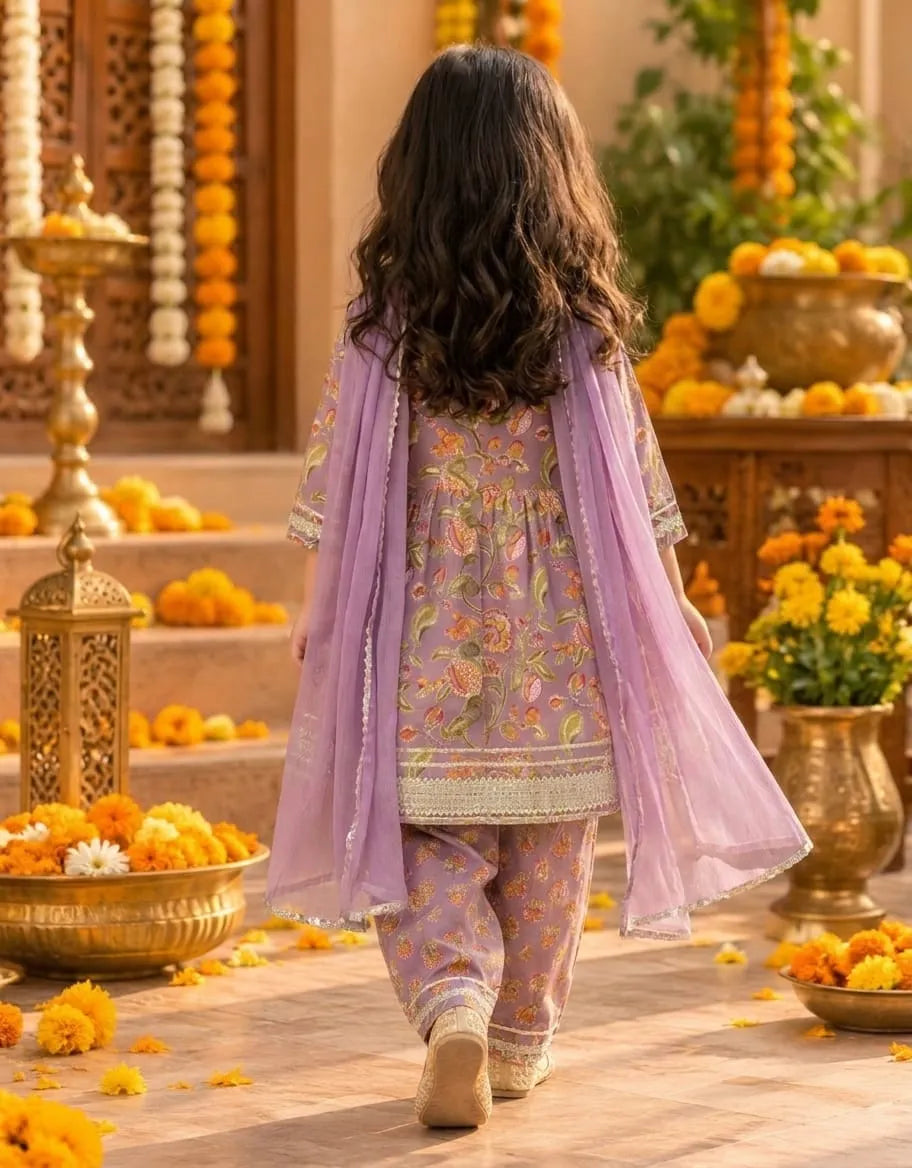 Girls Flared Kurti with Farsi Salwar and Dupatta Set