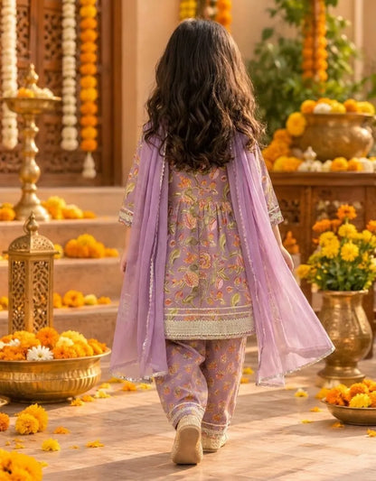 Girls Flared Kurti with Farsi Salwar and Dupatta Set
