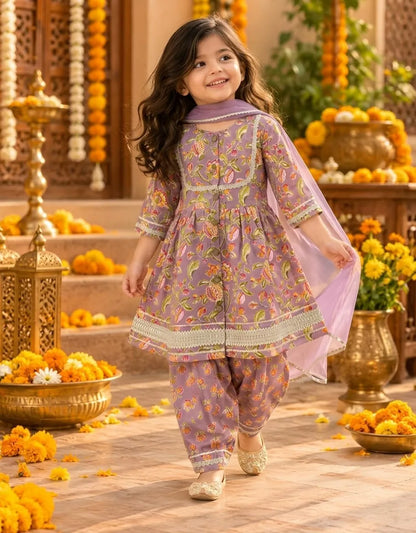 Girls Flared Kurti with Farsi Salwar and Dupatta Set