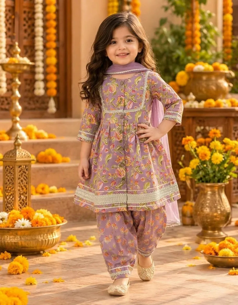 Girls Flared Kurti with Farsi Salwar and Dupatta Set