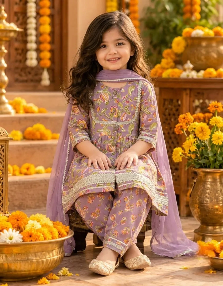 Girls Flared Kurti with Farsi Salwar and Dupatta Set