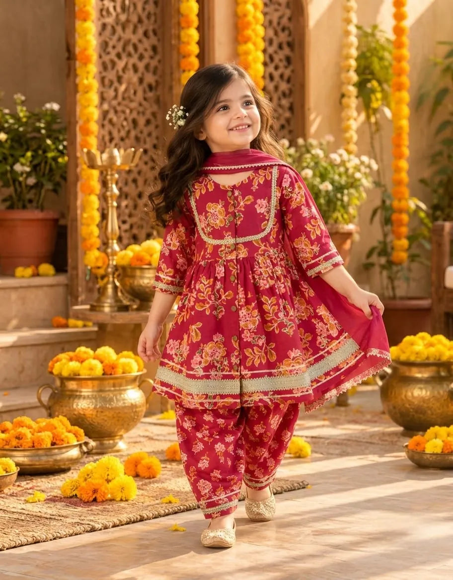 Girls Flared Kurti with Farsi Salwar and Dupatta Set