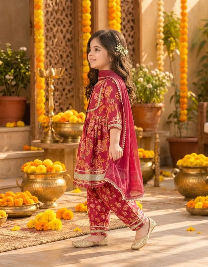 Girls Flared Kurti with Farsi Salwar and Dupatta Set