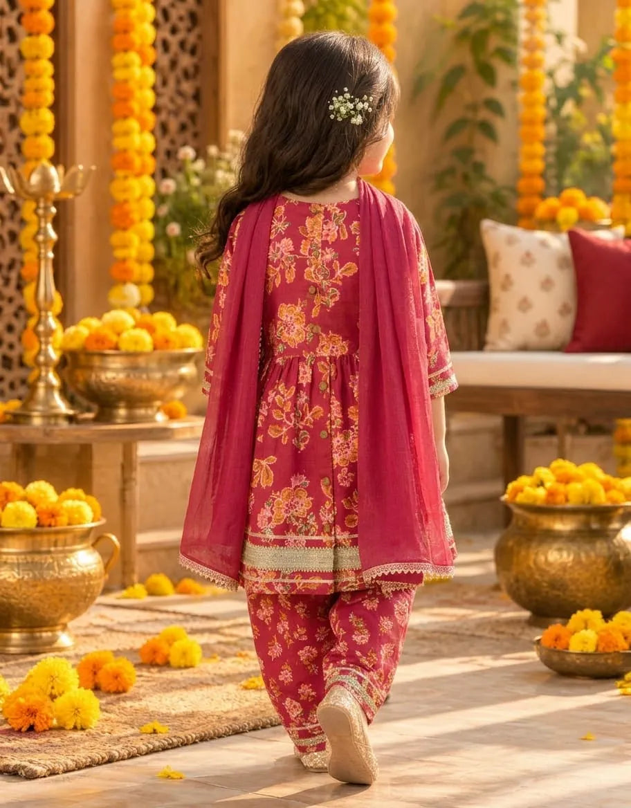 Girls Flared Kurti with Farsi Salwar and Dupatta Set