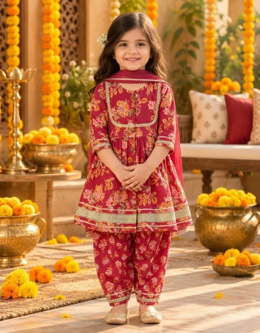 Girls Flared Kurti with Farsi Salwar and Dupatta Set