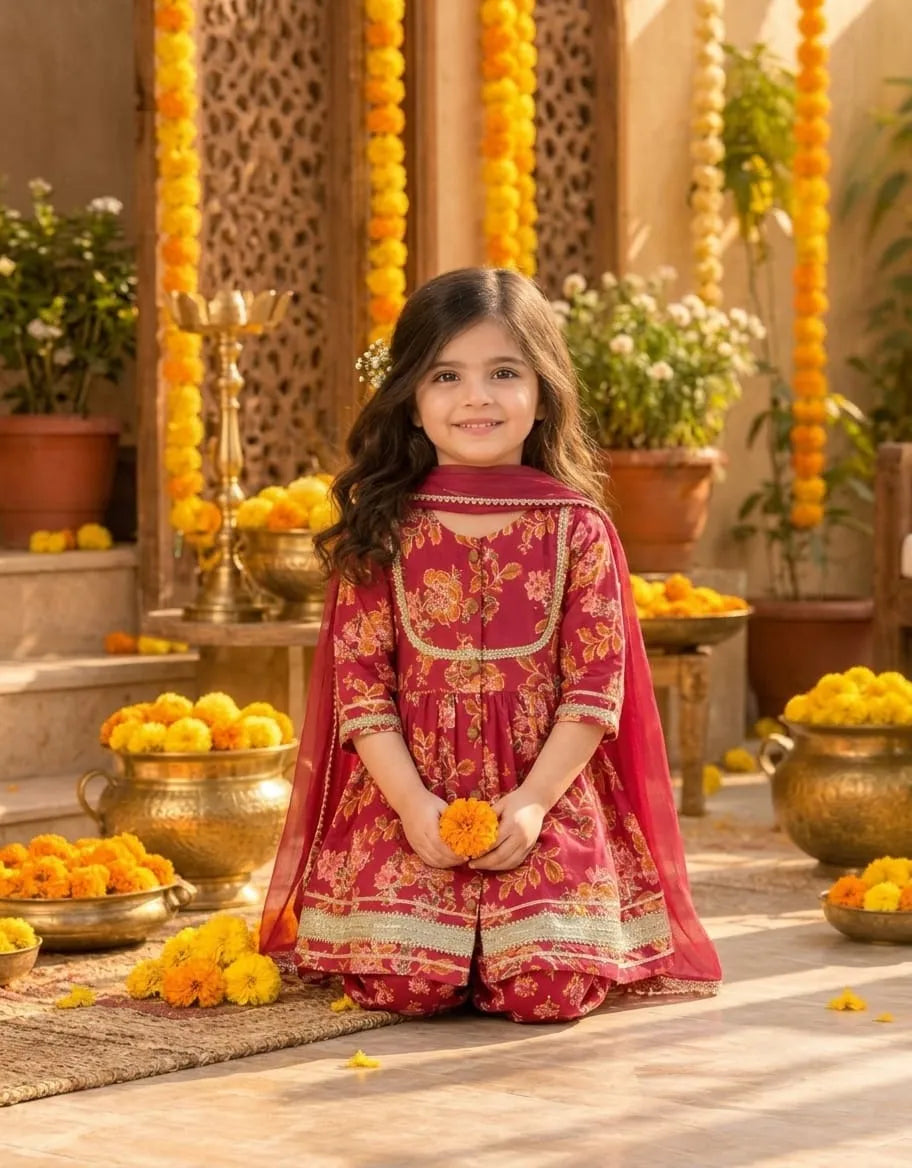 Girls Flared Kurti with Farsi Salwar and Dupatta Set