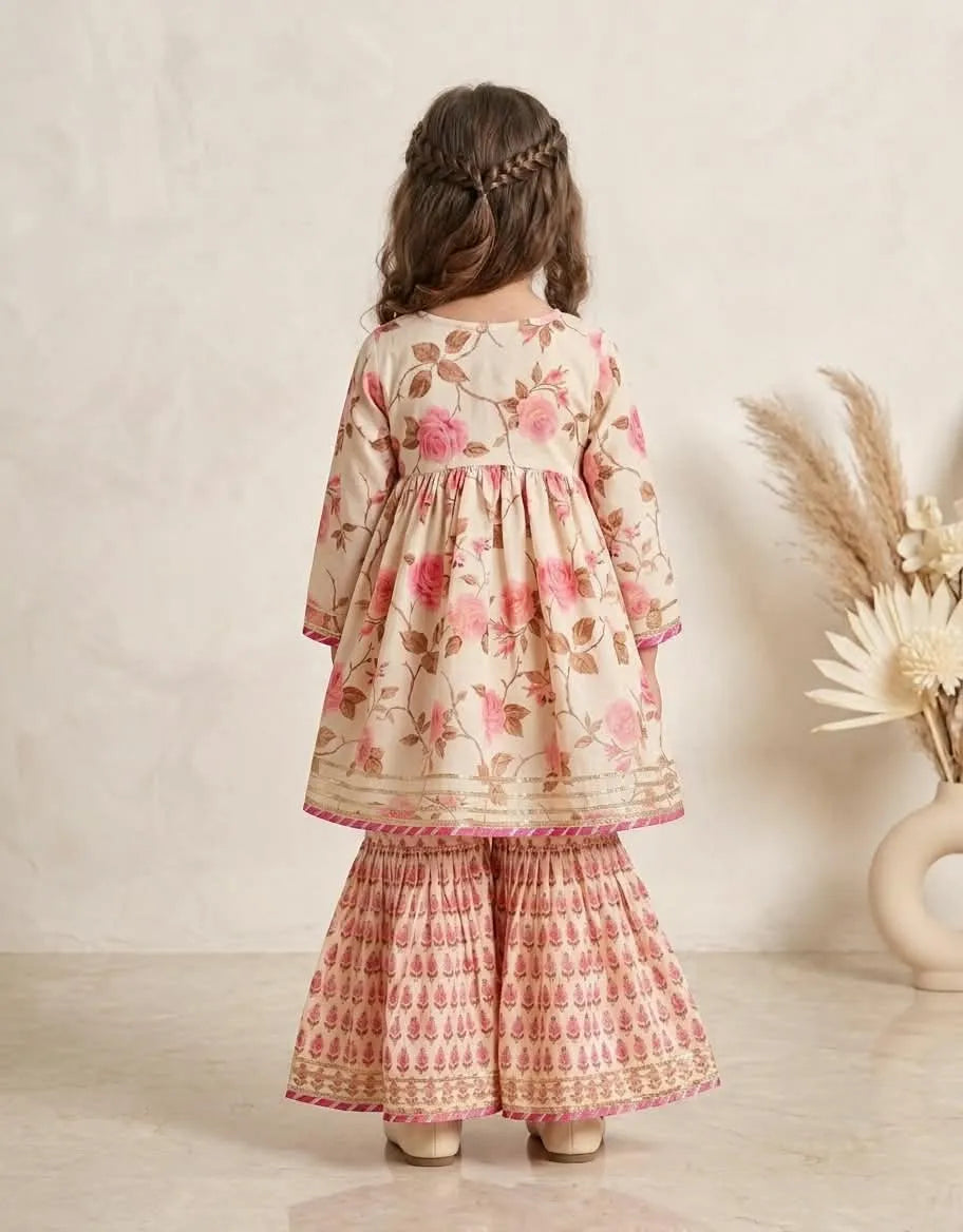 Girls Floral Printed Cotton Kurti Sharara Set