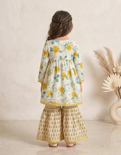 Girls Floral Printed Cotton Kurti Sharara Set