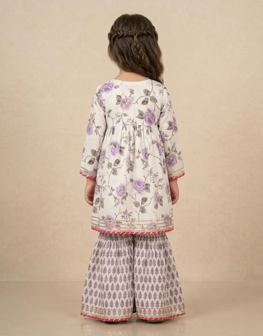 Girls Floral Printed Cotton Kurti Sharara Set