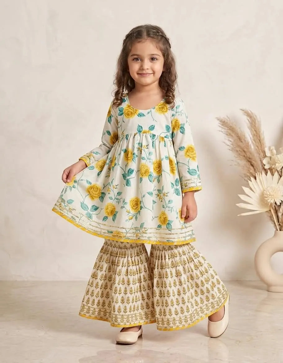 Girls Floral Printed Cotton Kurti Sharara Set