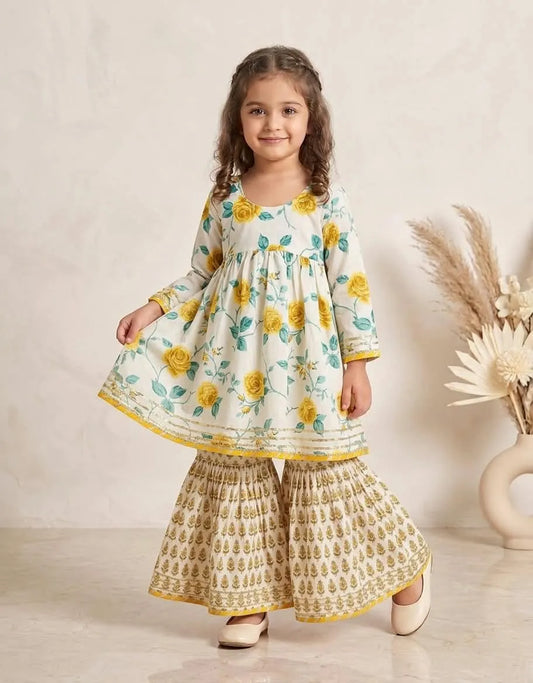Girls Floral Printed Cotton Kurti Sharara Set