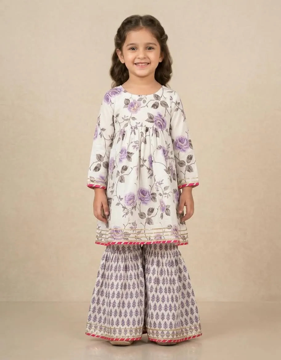 Girls Floral Printed Cotton Kurti Sharara Set