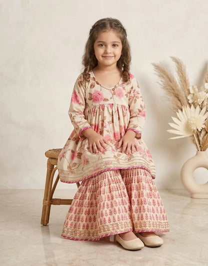 Girls Floral Printed Cotton Kurti Sharara Set