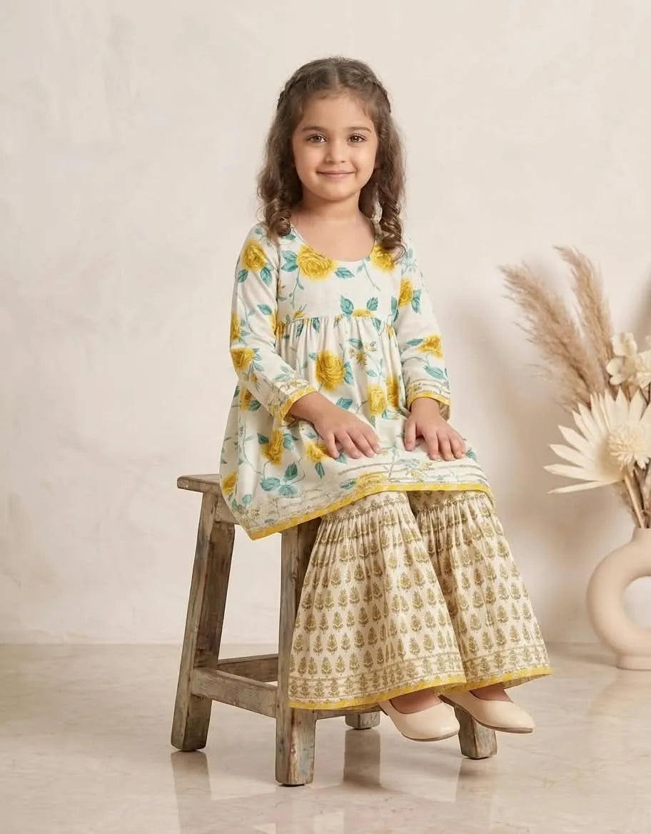 Girls Floral Printed Cotton Kurti Sharara Set