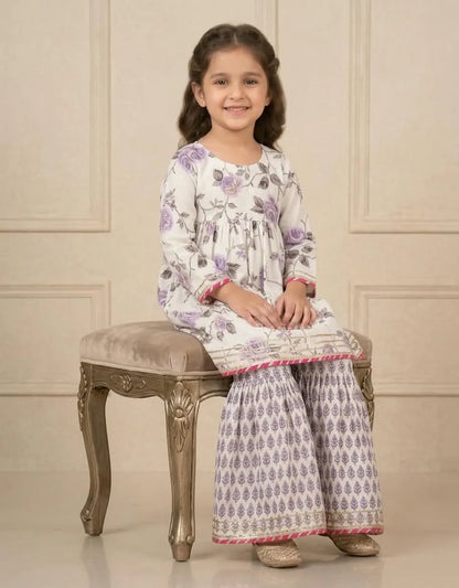 Girls Floral Printed Cotton Kurti Sharara Set