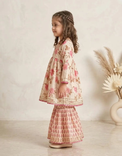 Girls Floral Printed Cotton Kurti Sharara Set