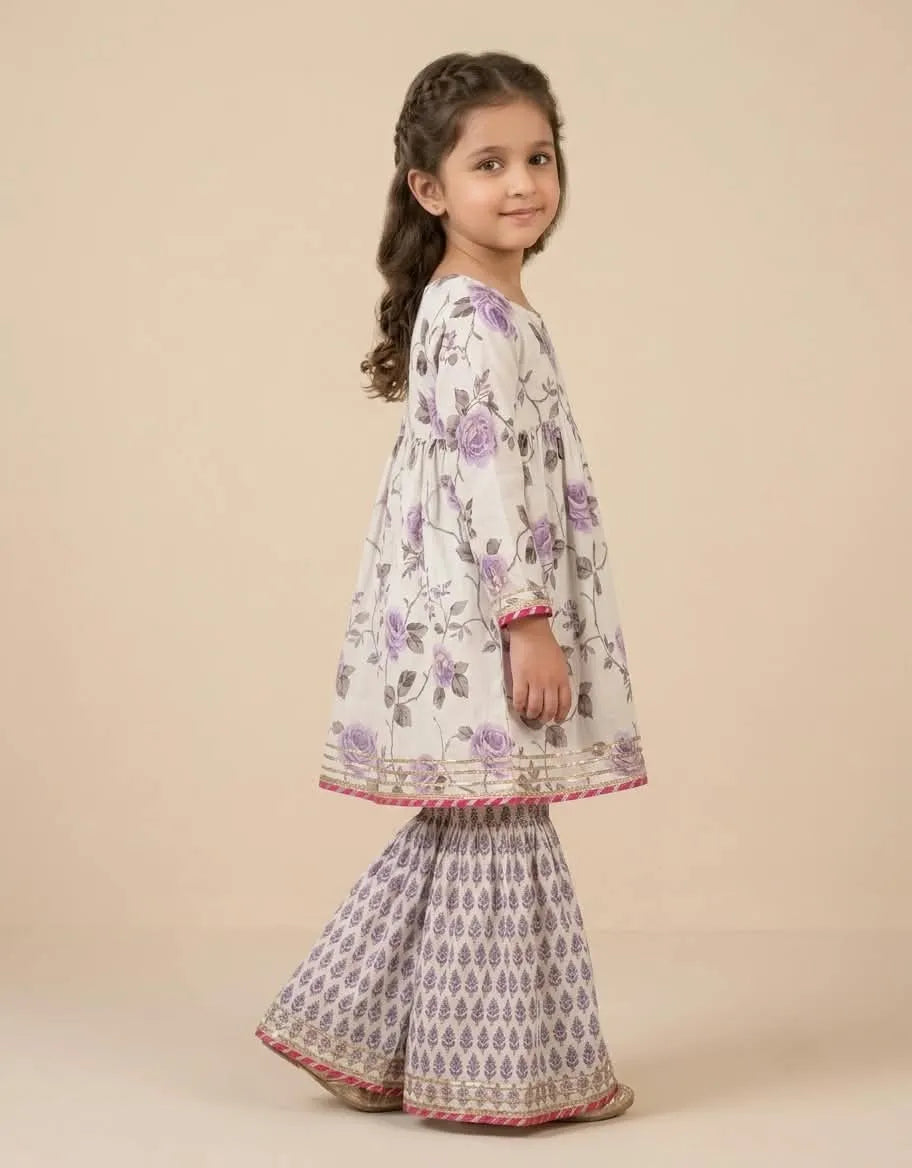 Girls Floral Printed Cotton Kurti Sharara Set