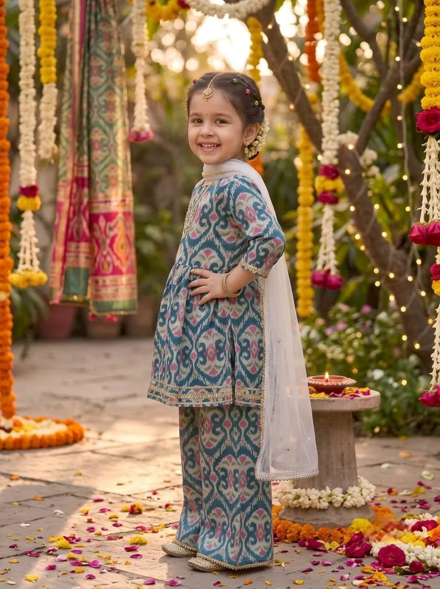 Girls Floral Printed Kurti Palazzo Set with Dupatta