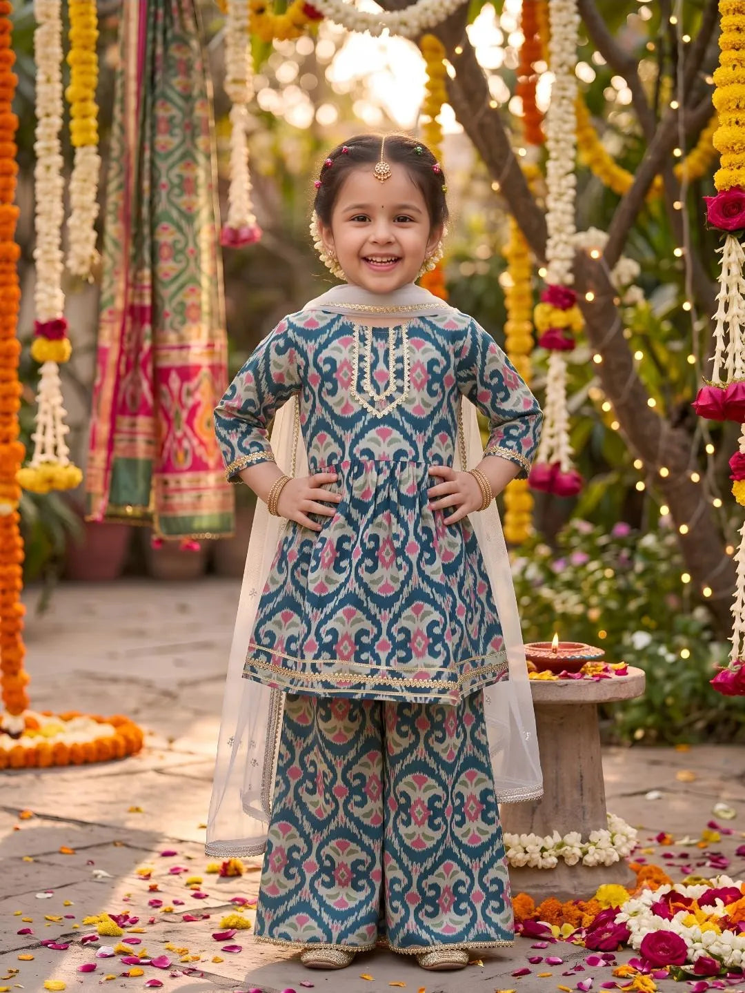 Girls Floral Printed Kurti Palazzo Set with Dupatta