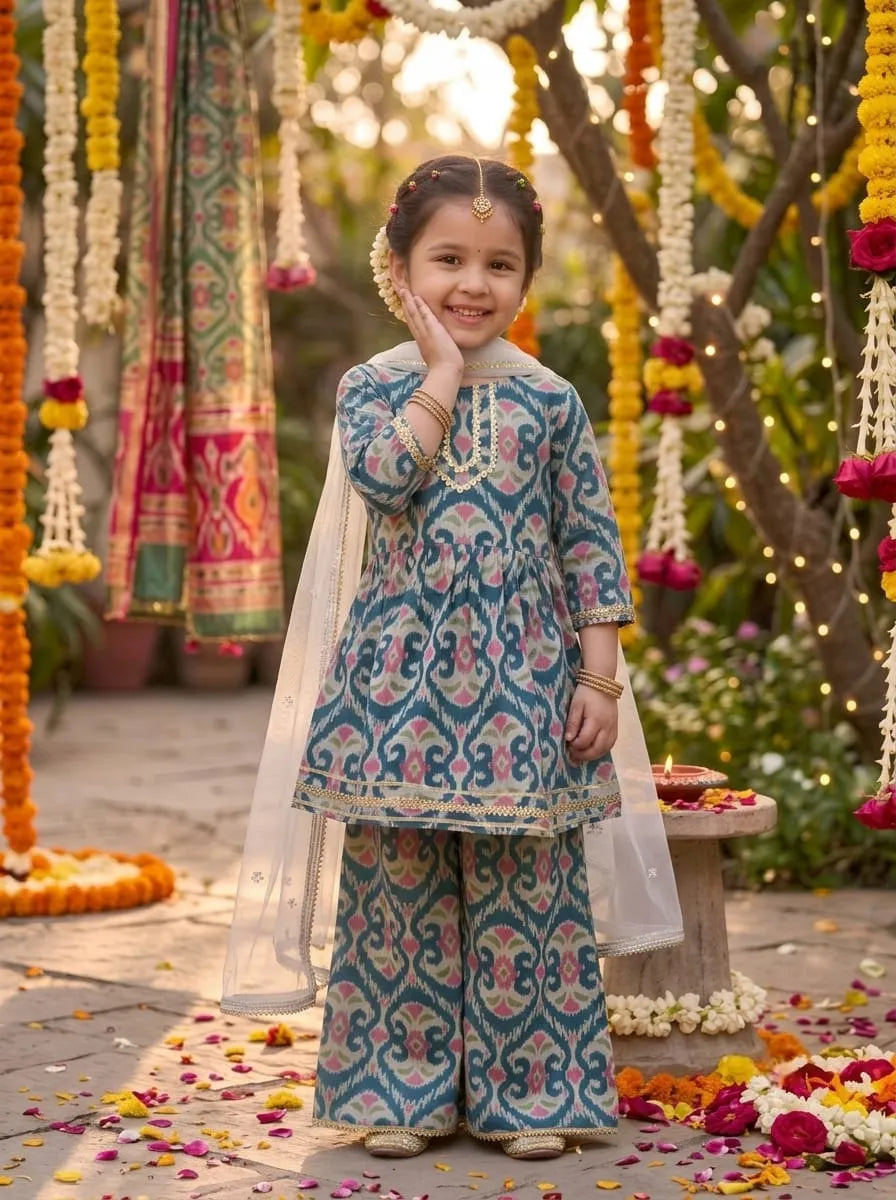 Girls Floral Printed Kurti Palazzo Set with Dupatta