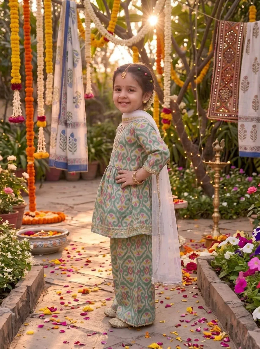 Girls Floral Printed Kurti Palazzo Set with Dupatta