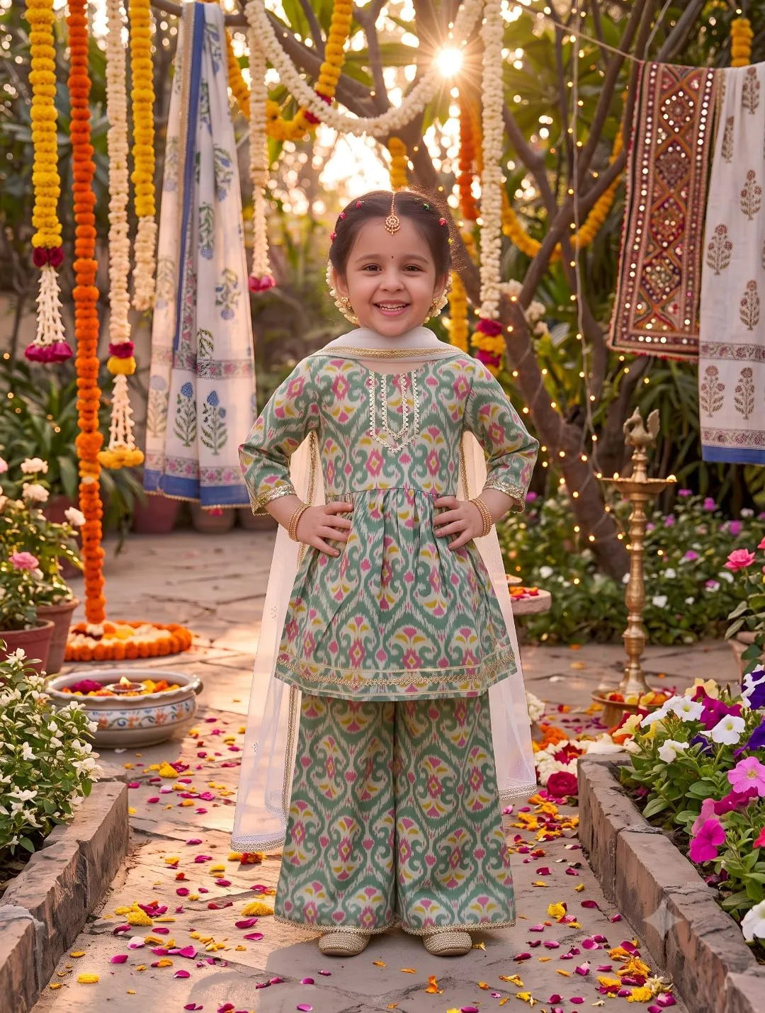 Girls Floral Printed Kurti Palazzo Set with Dupatta