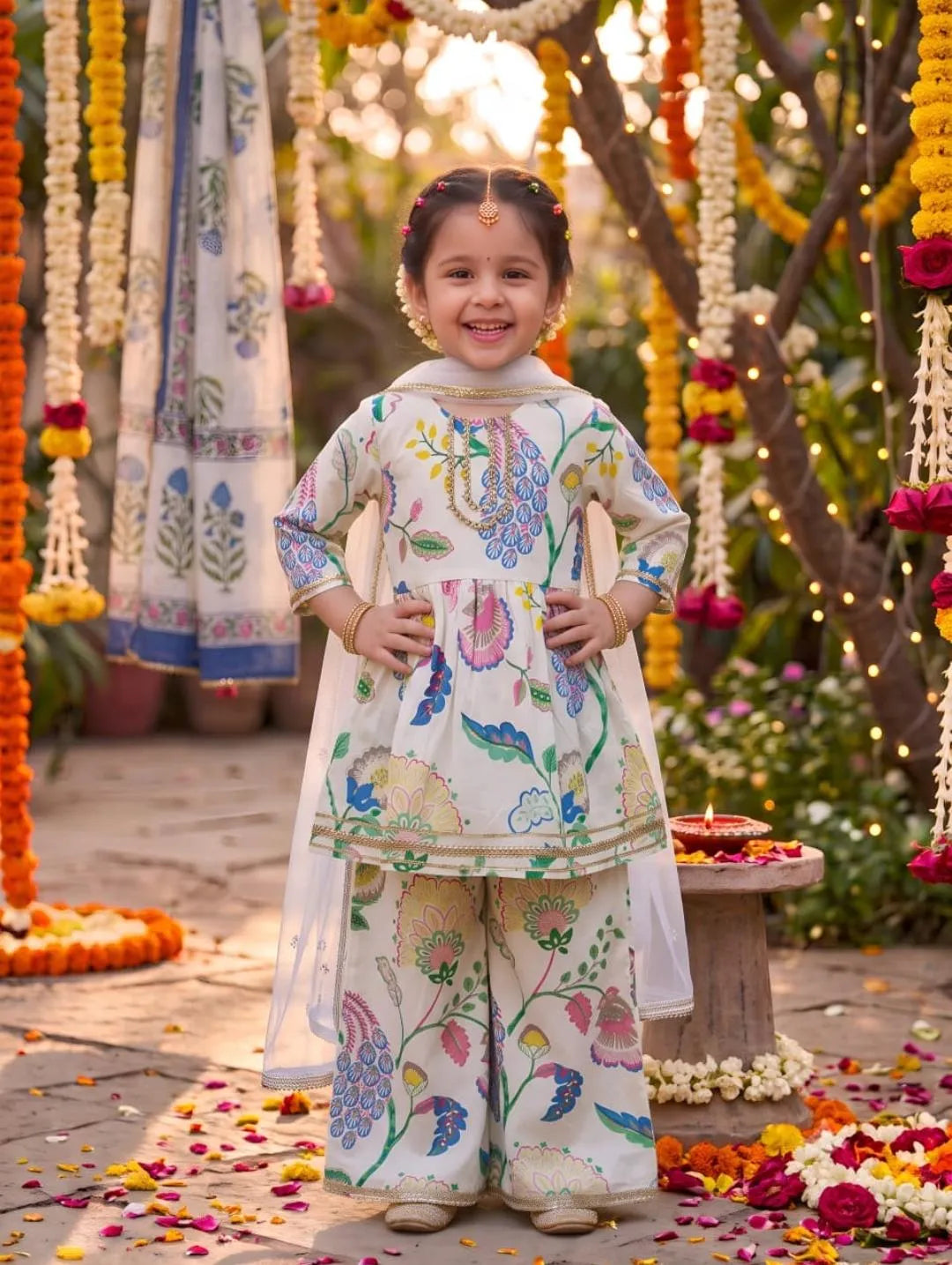 Girls Floral Printed Kurti Palazzo Set with Dupatta
