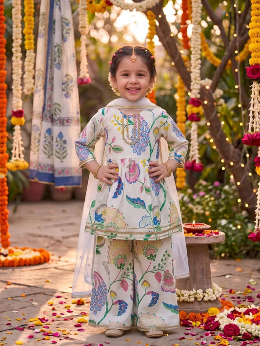 Girls Floral Printed Kurti Palazzo Set with Dupatta