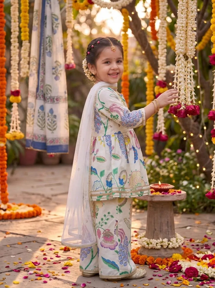 Girls Floral Printed Kurti Palazzo Set with Dupatta