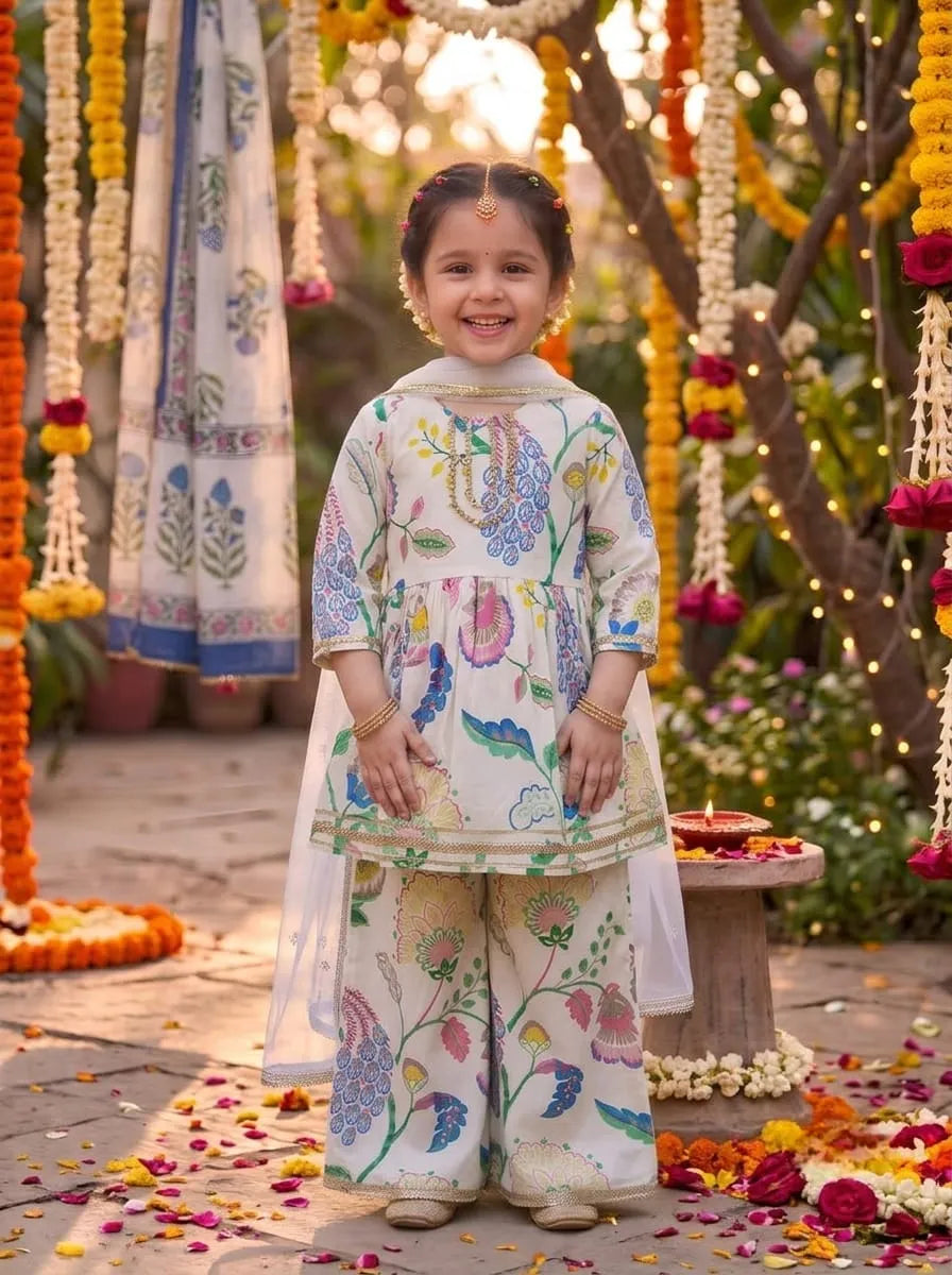 Girls Floral Printed Kurti Palazzo Set with Dupatta