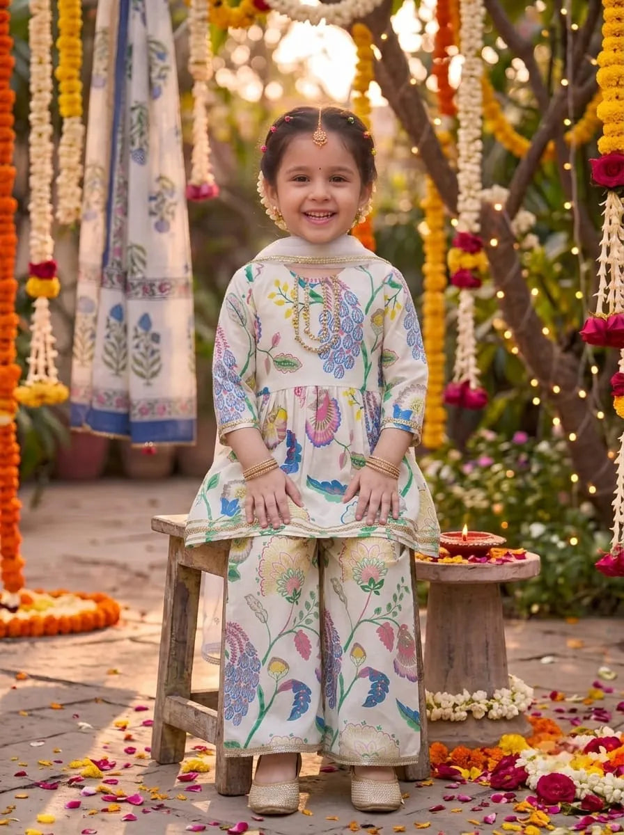 Girls Floral Printed Kurti Palazzo Set with Dupatta