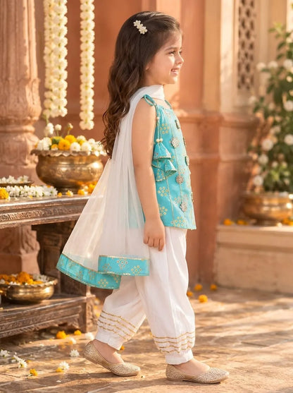 Girls Kurti Pant Dupatta Set with Gota Patti Work