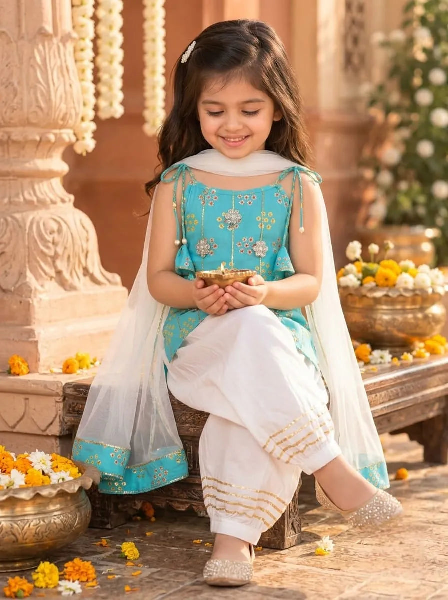Girls Kurti Pant Dupatta Set with Gota Patti Work