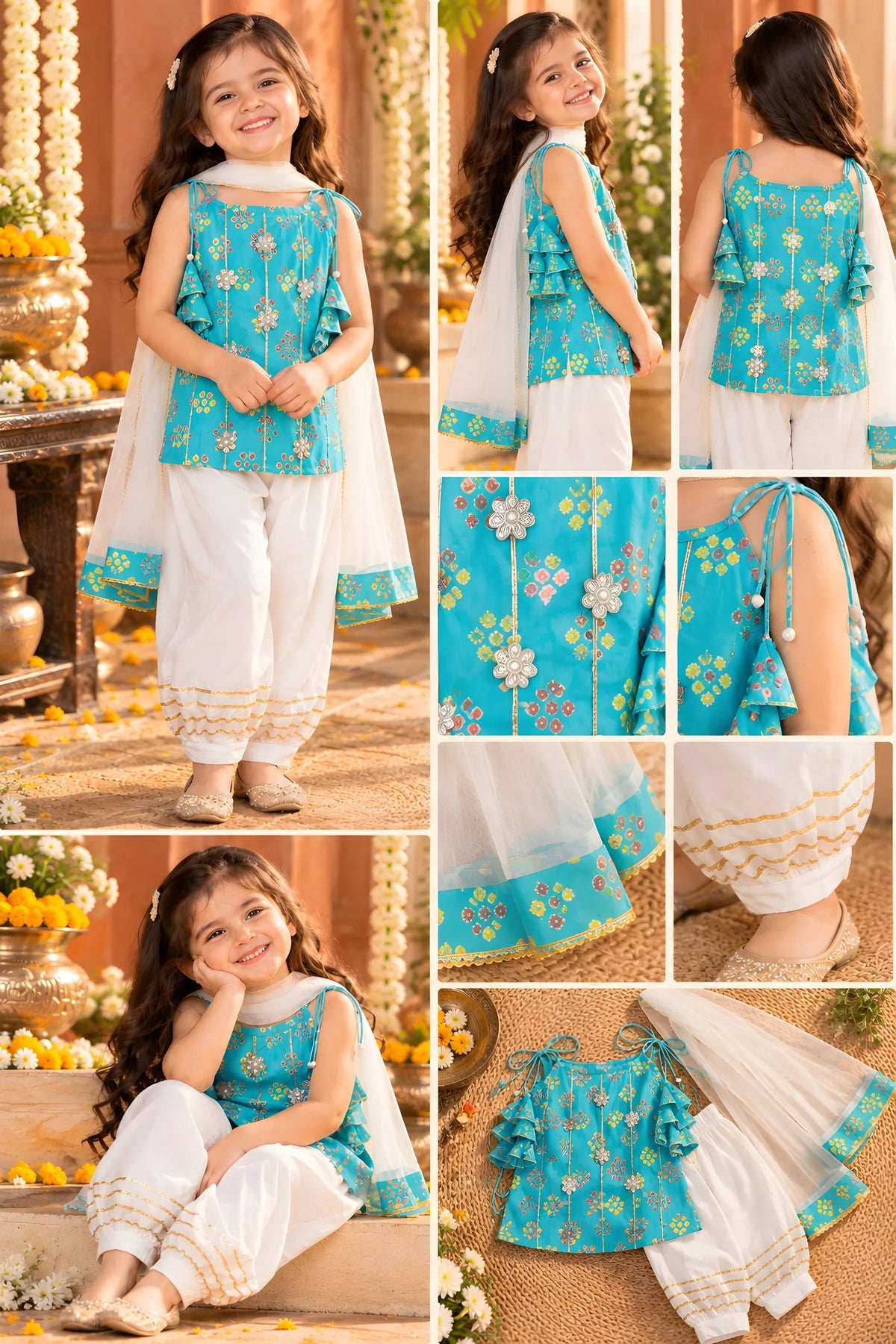 Girls Kurti Pant Dupatta Set with Gota Patti Work