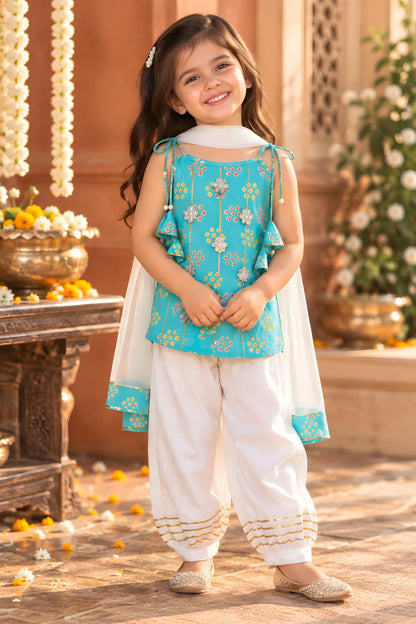 Girls Kurti Pant Dupatta Set with Gota Patti Work