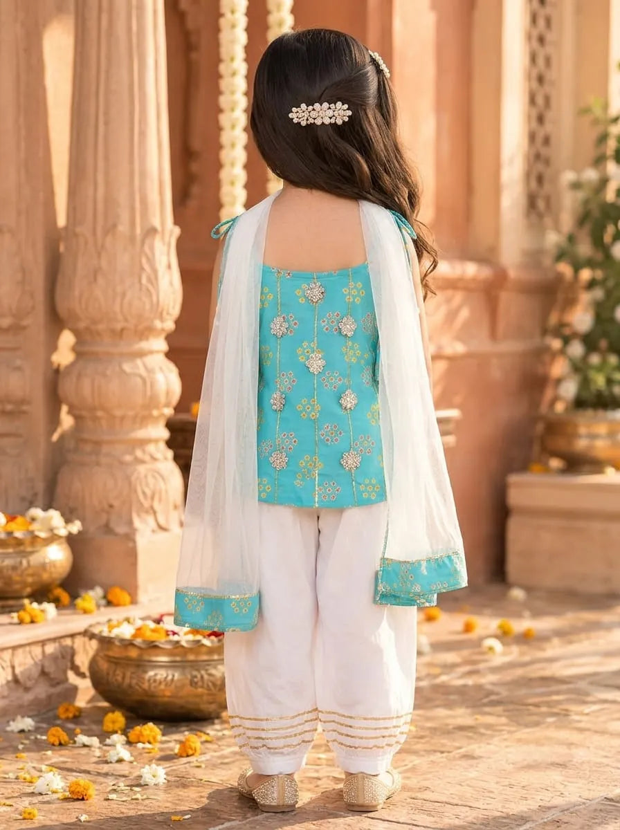 Girls Kurti Pant Dupatta Set with Gota Patti Work