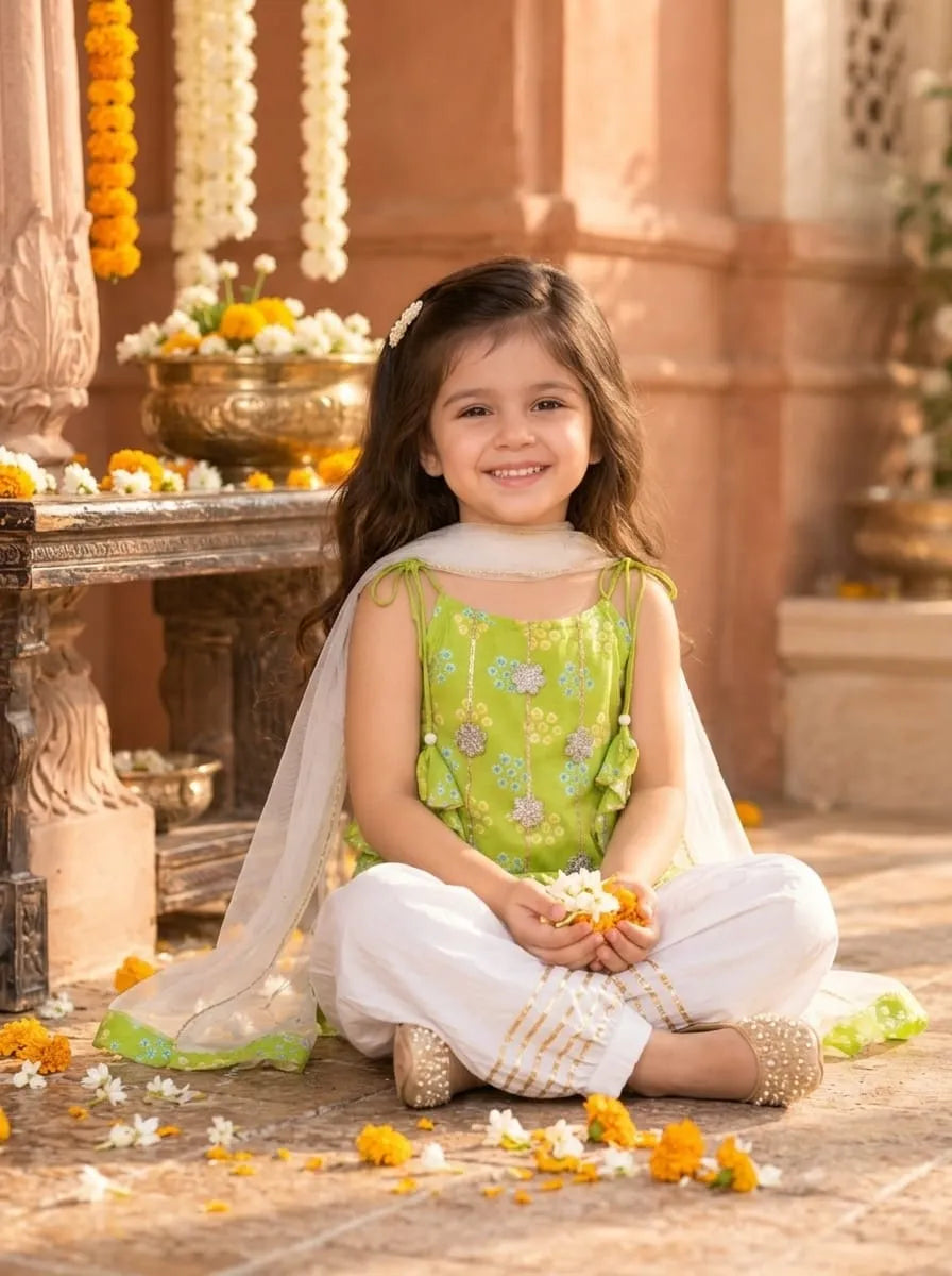 Girls Kurti Pant Dupatta Set with Gota Patti Work